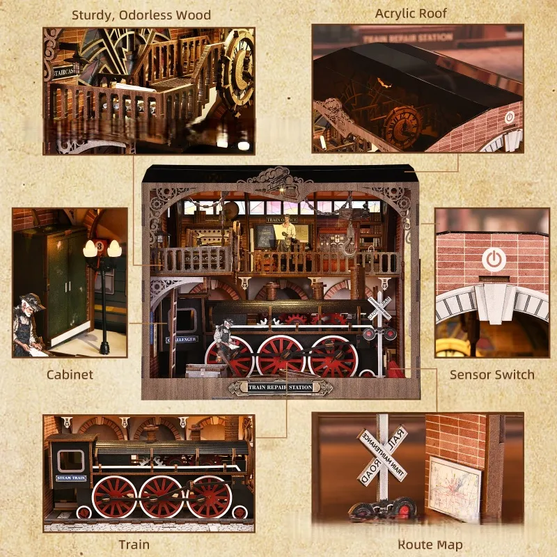 3D Holz Puzzle Book Nook - Train Repair Station - Image 4
